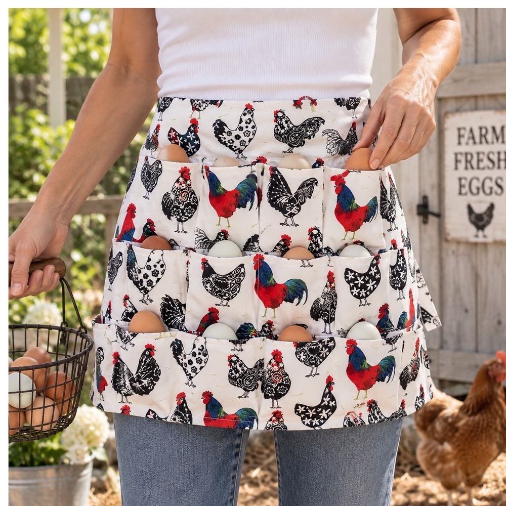 Egg Collection Gathering Apron Rooster Print White Chicken Farmhouse Pocketuon